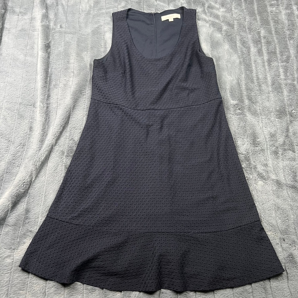 LOFT Petites Navy Blue Textured Sleeveless Fit and Flare Ruffle Hem Dress 12P